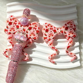 Pink Strawberry Floral Print Bow Silicone Focal Beads for beadable pen DIY craft projects