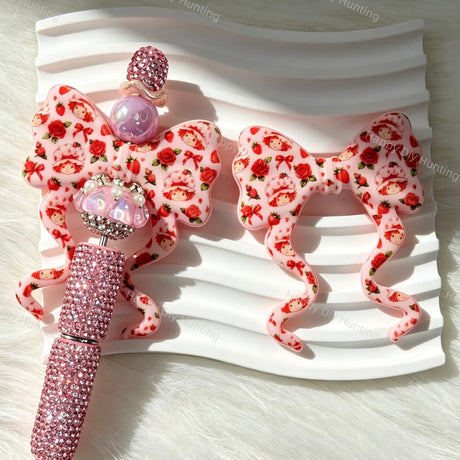 Pink Strawberry Floral Print Bow Silicone Focal Beads for beadable pen DIY craft projects