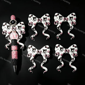 Pink‑black gothic‑cartoon print bow silicone focal beads, curly ribbon bow large‑hole beads for beadable pen DIY craft projects
