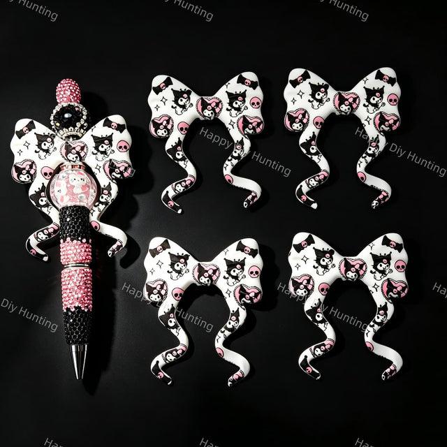 Pink‑black gothic‑cartoon print bow silicone focal beads, curly ribbon bow large‑hole beads for beadable pen DIY craft projects