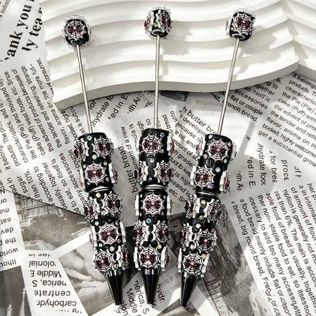 Pink bow spiderweb halloween beadable pens, gothic printed pen bases with bow and rhinestone accents for DIY custom pen craft projects