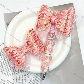 Pink printed CC graphic decor bow beads with glitter tulle, DIY craft supplies for beadable pens and keychains
