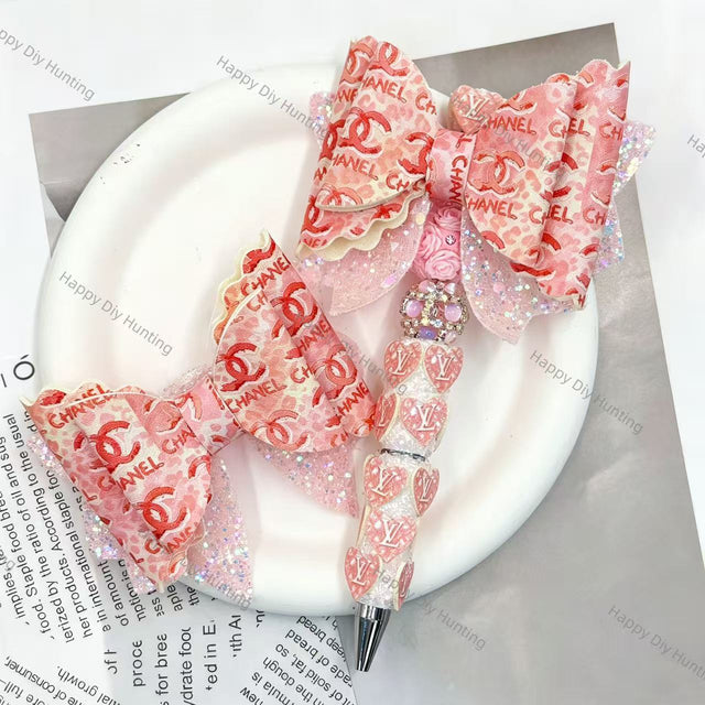 Pink printed CC graphic decor bow beads with glitter tulle, DIY craft supplies for beadable pens and keychains
