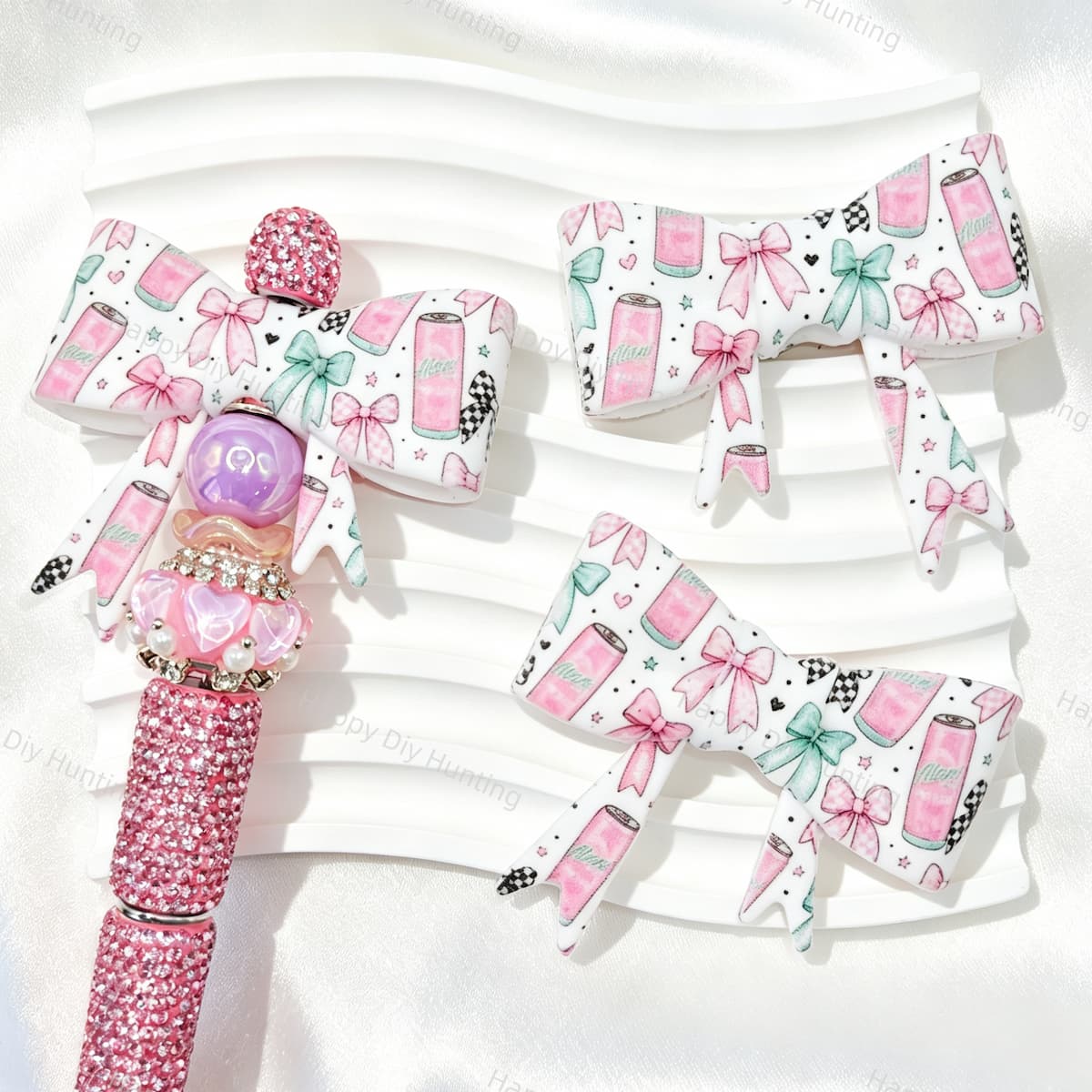 Pink Drink‑Print Bow Silicone Focal Beads for custom beadable pen handmade DIY craft projects