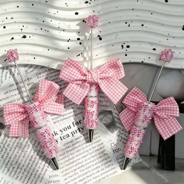 pink gingham bow pattern beadable pens girly theme for diy stationery and handmade gifts
