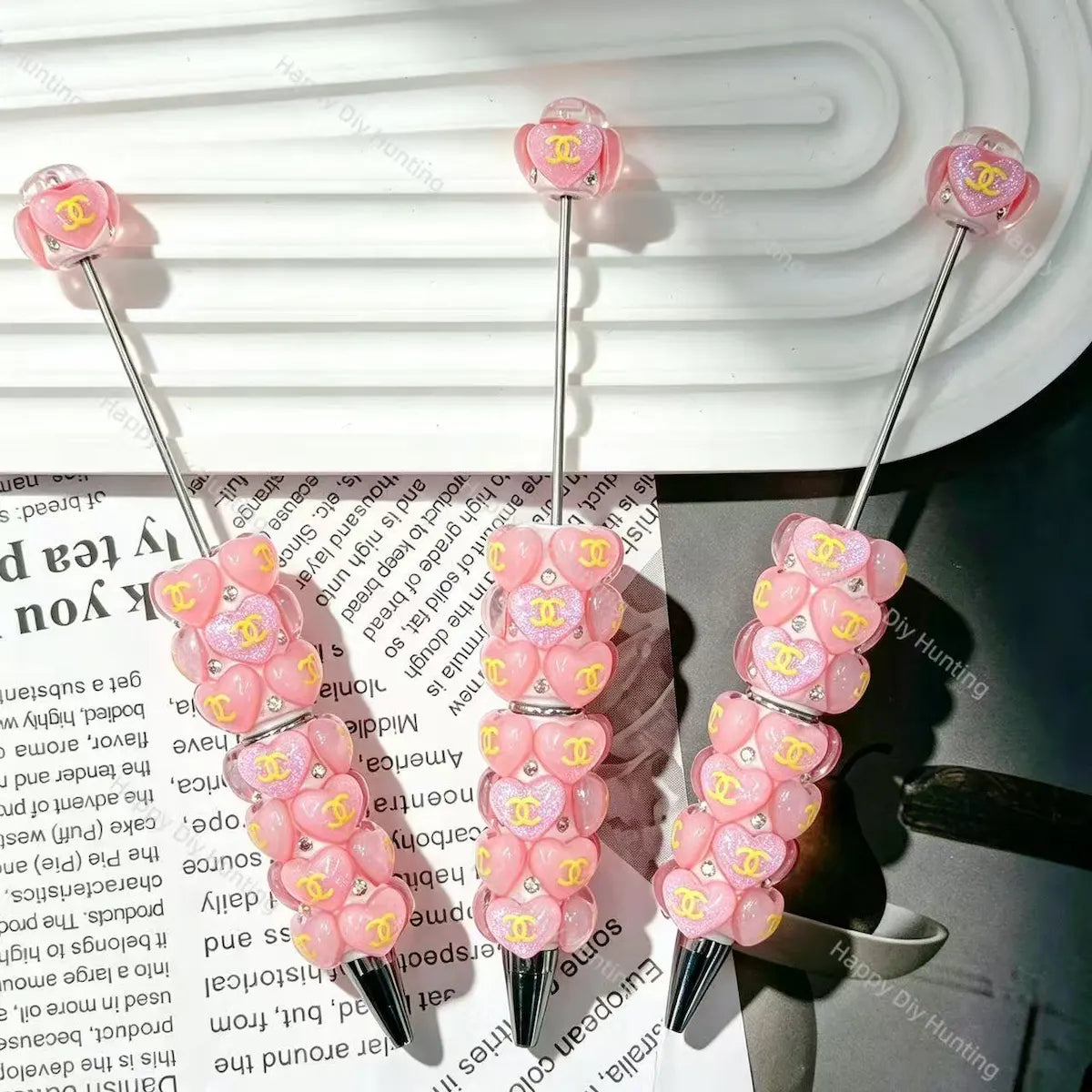 pink glitter heart themed beadable pens for diy craft making, compatible with focal beads and pen toppers