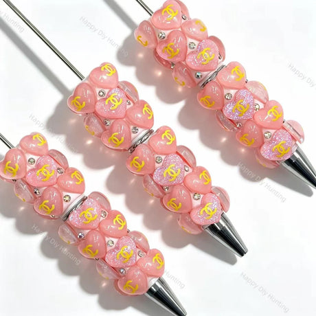 pink glitter heart themed beadable pens for diy craft making, compatible with focal beads and pen toppers