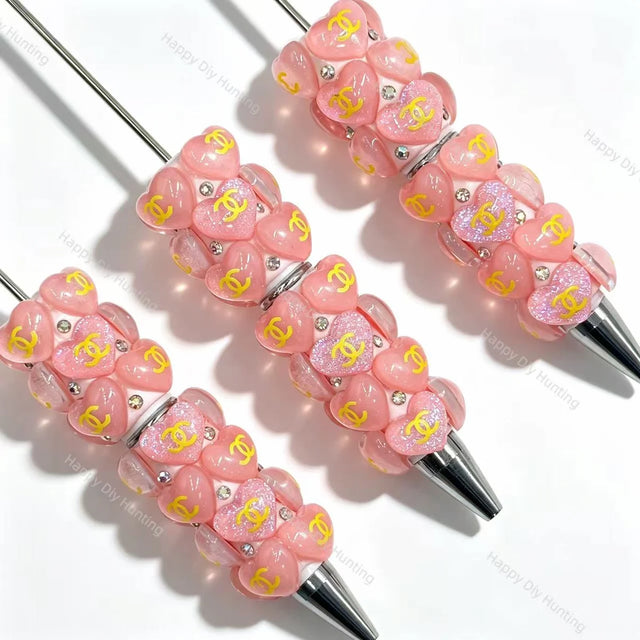 pink glitter heart themed beadable pens for diy craft making, compatible with focal beads and pen toppers