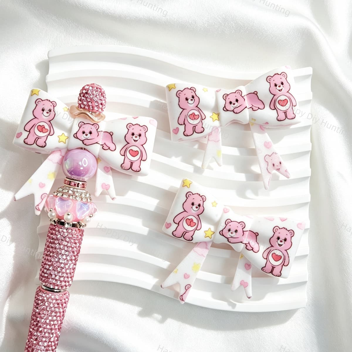 Pink Heart Bear Print Bow Silicone Focal Beads for custom beadable pen handmade DIY craft projects