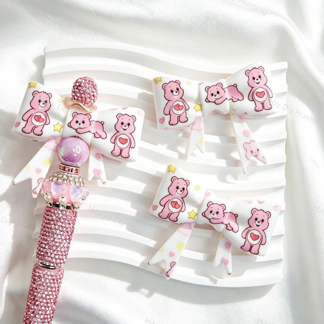 Pink Heart Bear Print Bow Silicone Focal Beads for custom beadable pen handmade DIY craft projects
