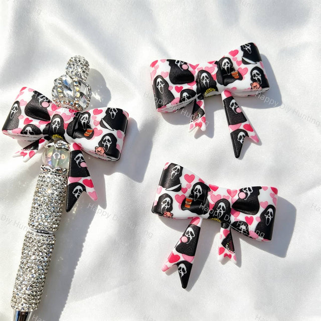 Pink‑heart spooky‑mask print silicone focal bow beads for beadable pen DIY craft projects