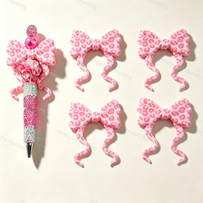 Pink‑leopard print bow silicone focal beads, curly ribbon bow large‑hole beads for beadable pen DIY craft projects
