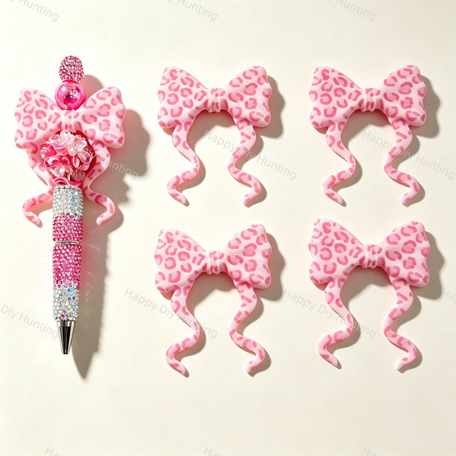 Pink‑leopard print bow silicone focal beads, curly ribbon bow large‑hole beads for beadable pen DIY craft projects