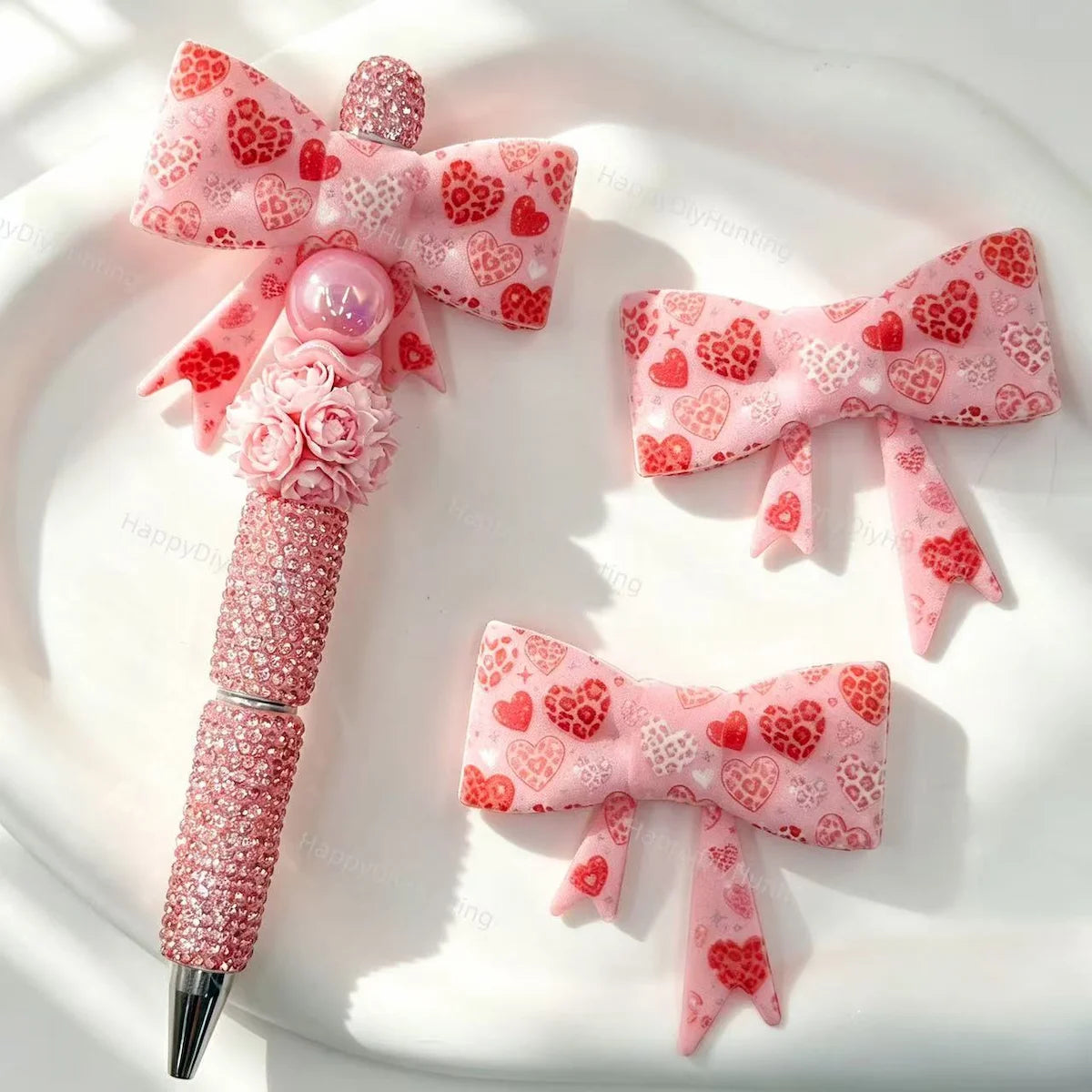 Pink leopard heart pattern bow silicone focal beads for DIY beadable pens