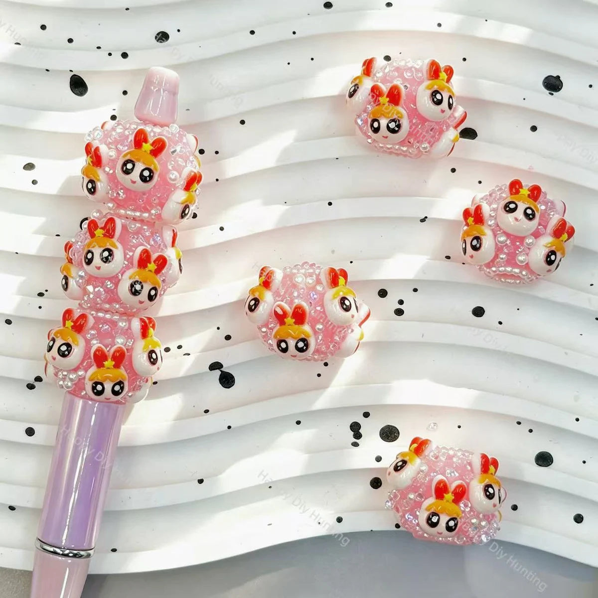 pink power girl character round rhinestone beads for diy beadable pens handmade craft supplies