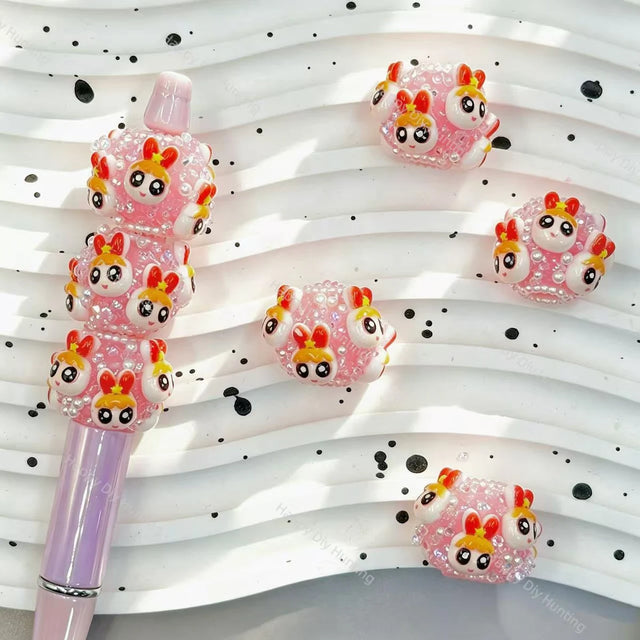 pink power girl character round rhinestone beads for diy beadable pens handmade craft supplies