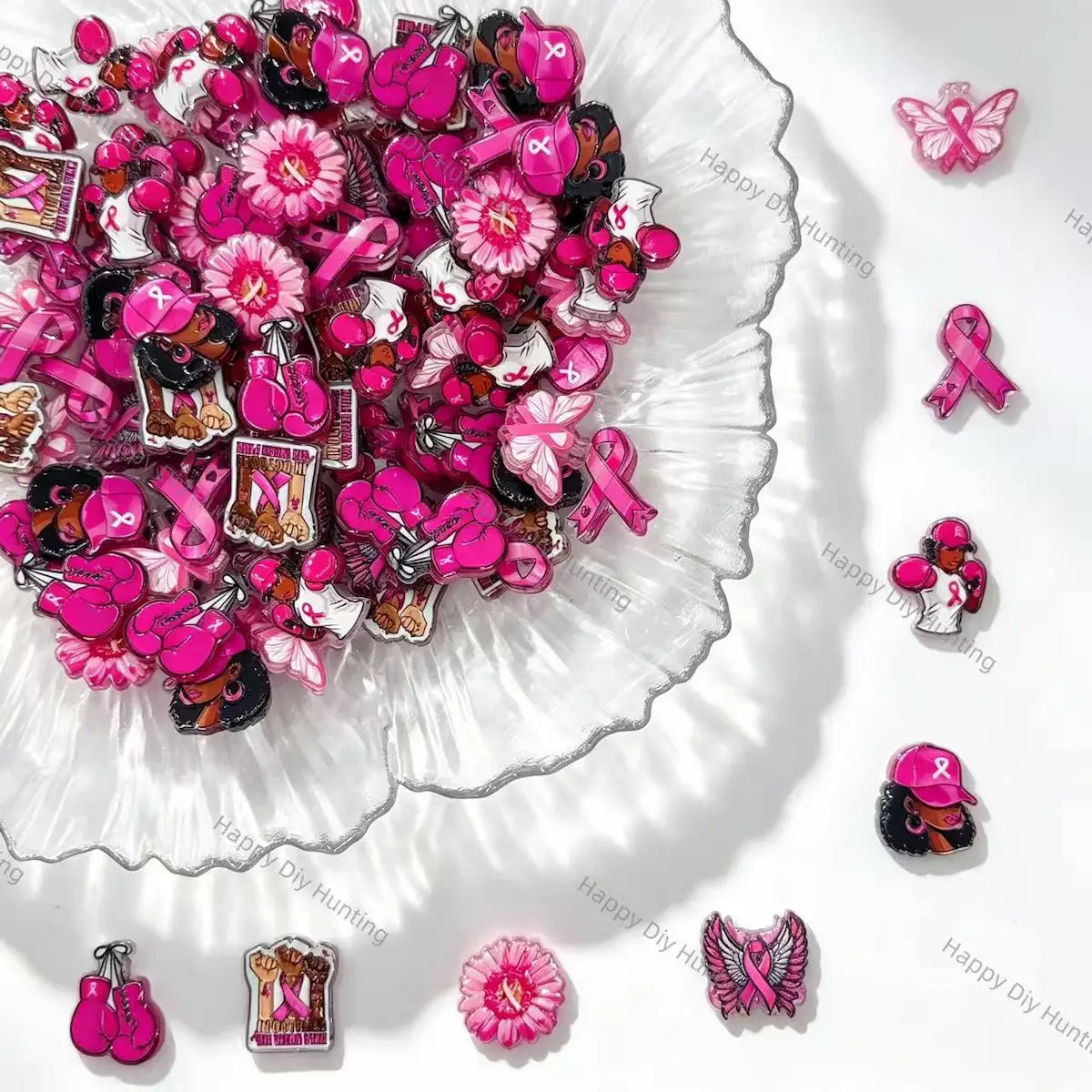pink ribbon awareness printed acrylic focal beads support theme for diy jewelry and pen making