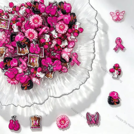 pink ribbon awareness printed acrylic focal beads support theme for diy jewelry and pen making