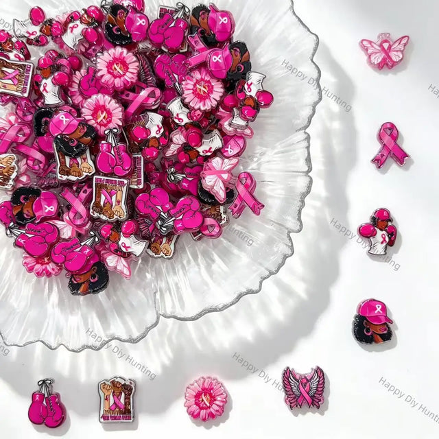pink ribbon awareness printed acrylic focal beads support theme for diy jewelry and pen making