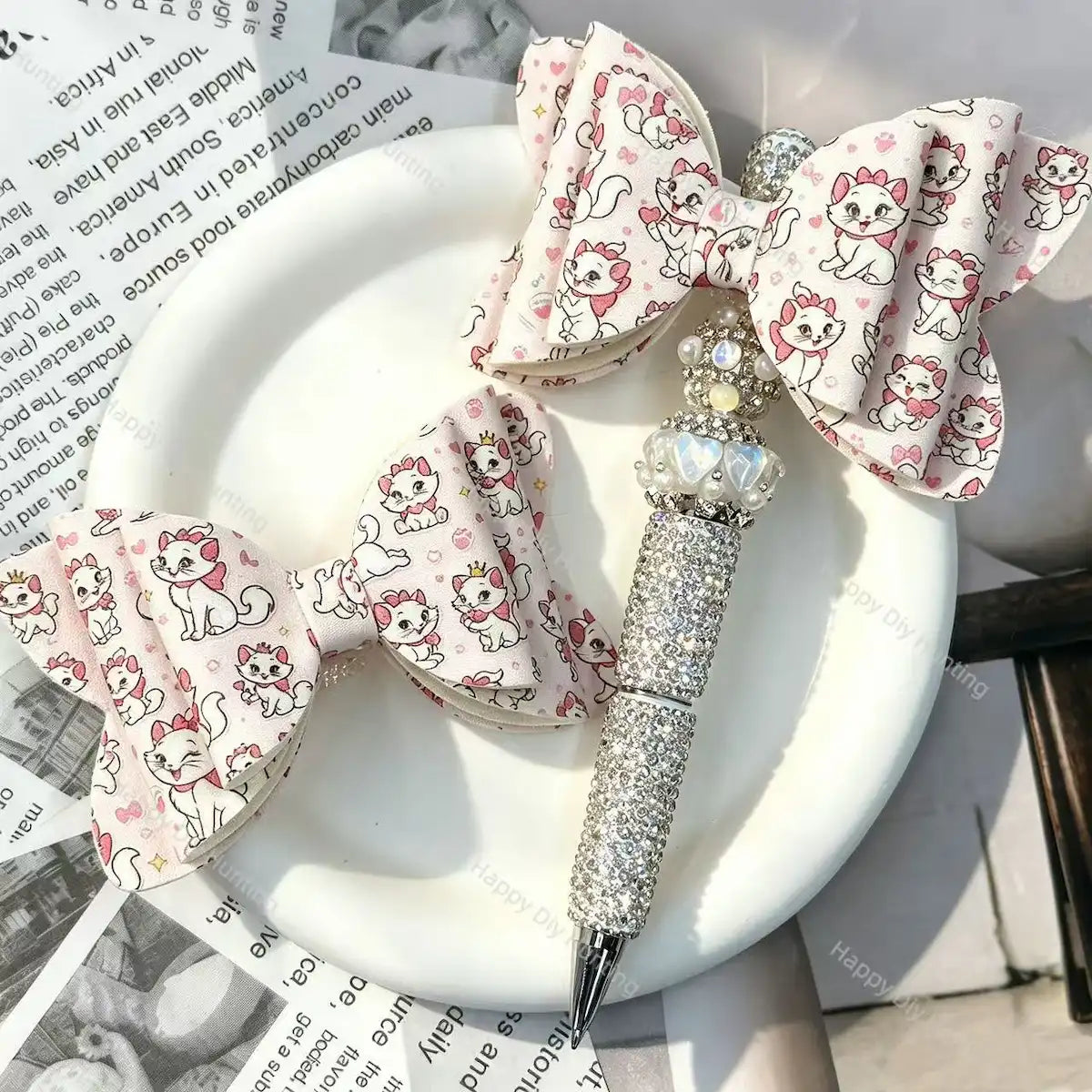 pink sweet kitten fabric bow beads decorative accessories for diy beadable pens handmade stationery