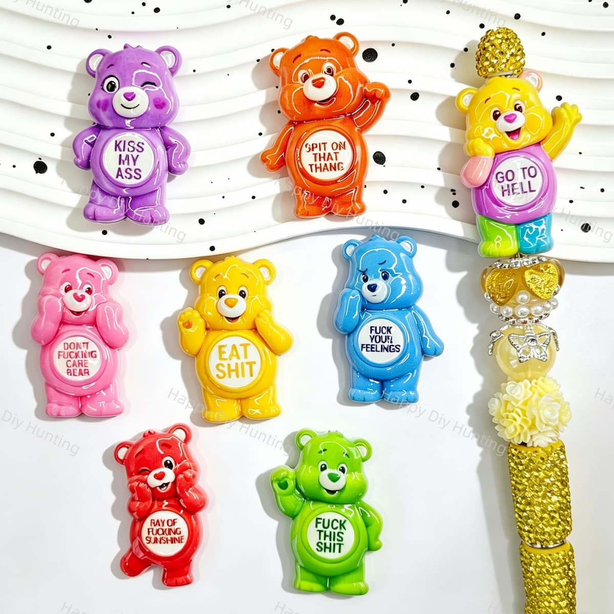 Quirky Slogan Bear Acrylic Focal Beads for custom beadable pen handmade DIY craft projects