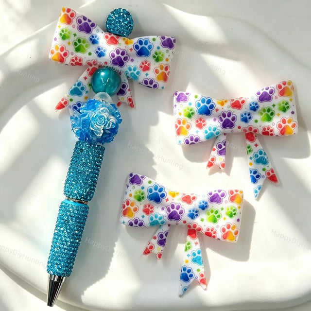 Rainbow multicolor paw print bow silicone focal beads for DIY beadable pens