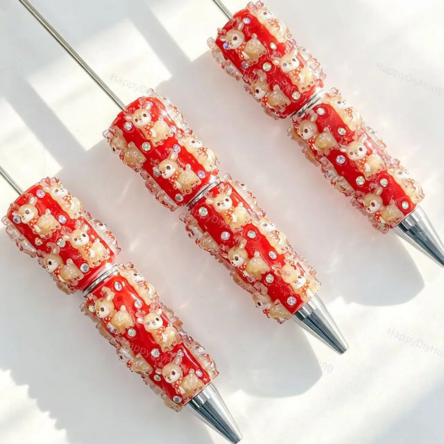 Red Christmas deer print beadable pens for DIY beadable pen craft projects