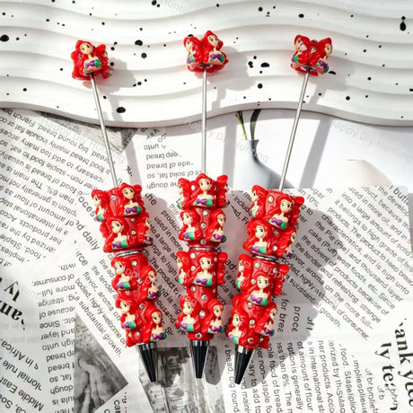 red mermaid figurine bling beadable pens, character themed pen bases for diy stationery craft and handmade gift making