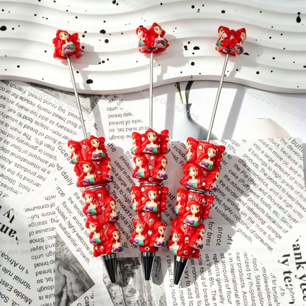 red mermaid figurine bling beadable pens, character themed pen bases for diy stationery craft and handmade gift making
