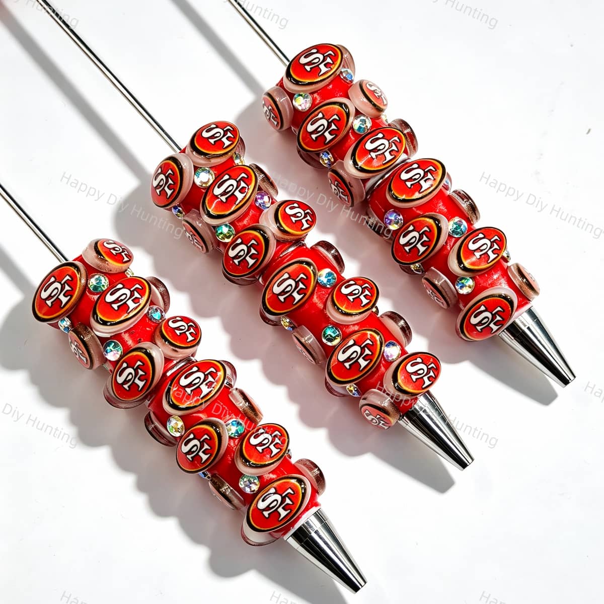 Red SF football sports beadable pens, diy pen blanks with rhinestone and rose‑gold spacer accents for beadable pen handmade craft supplies