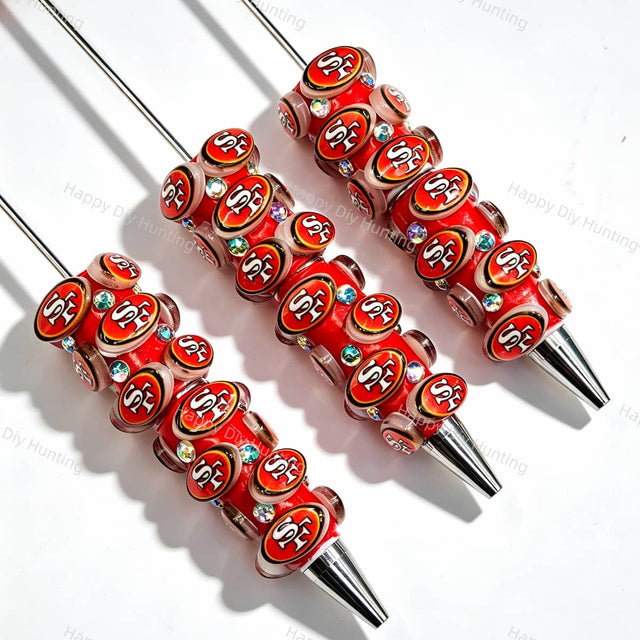 Red SF football sports beadable pens, diy pen blanks with rhinestone and rose‑gold spacer accents for beadable pen handmade craft supplies
