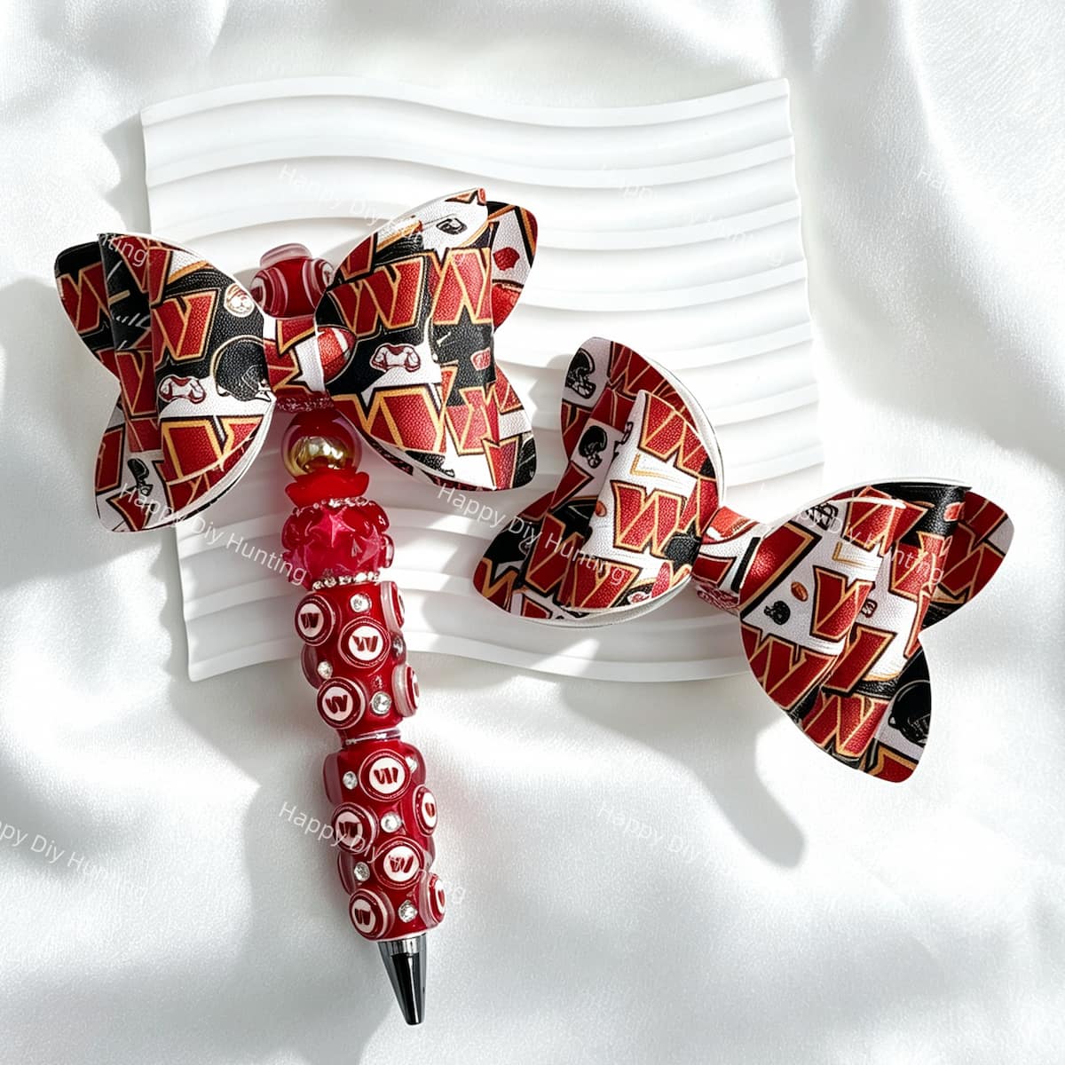 reddish-orange WC football print bow beads for DIY beadable pens and sports-themed crafts
