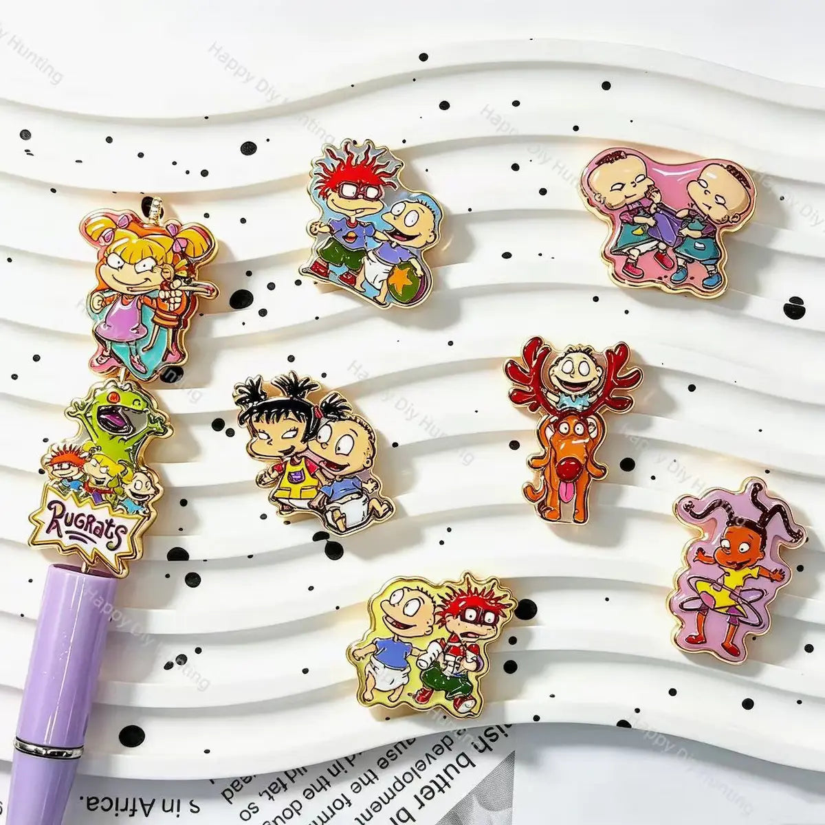 retro nostalgic gold‑trimmed cartoon‑style acrylic focal beads for diy beadable pens and handmade jewelry craft supplies