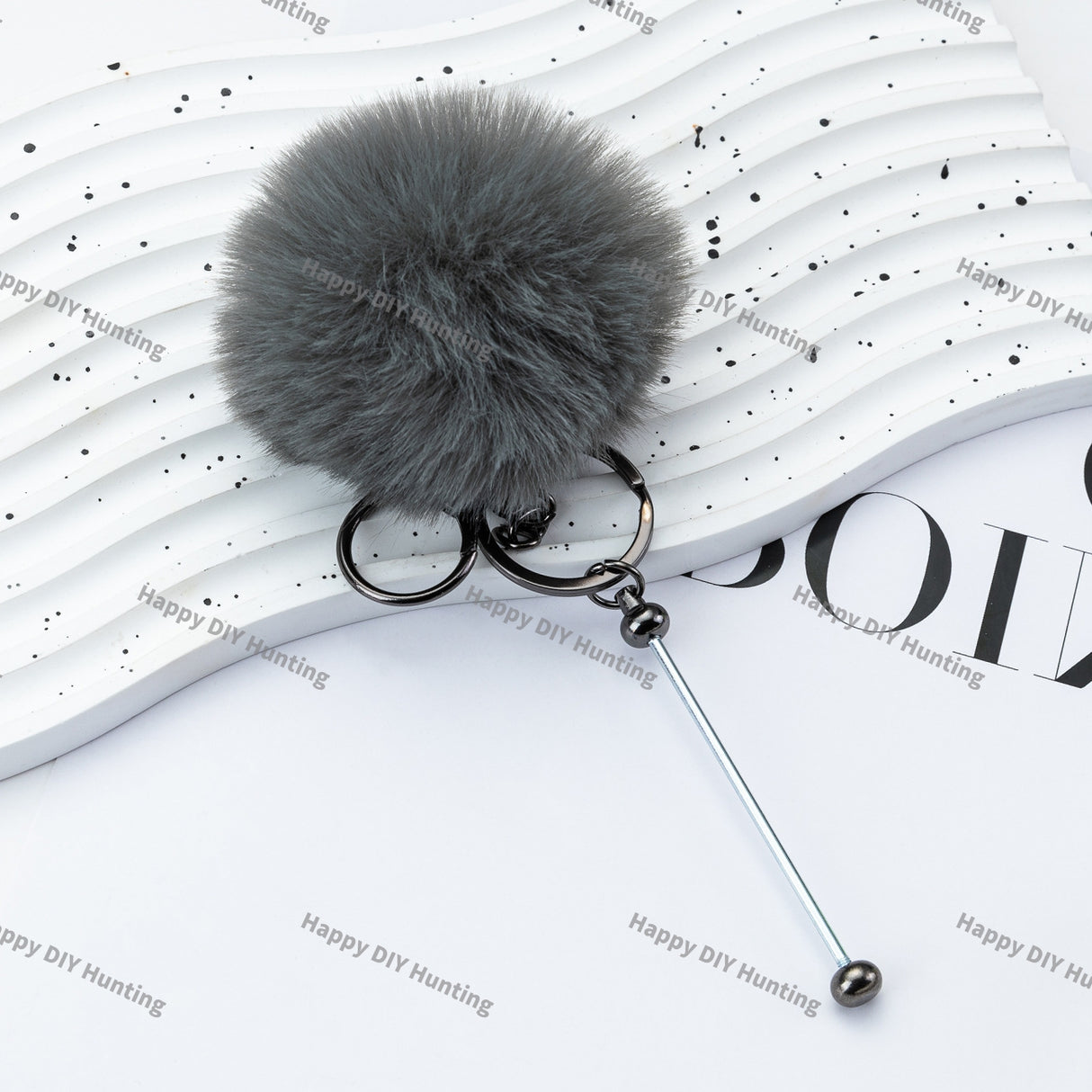 8CM Fluffy Pom Pom Balls with Metal Beadable Keychain with Bar and Lobster Clasp