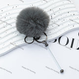 8CM Fluffy Pom Pom Balls with Metal Beadable Keychain with Bar and Lobster Clasp