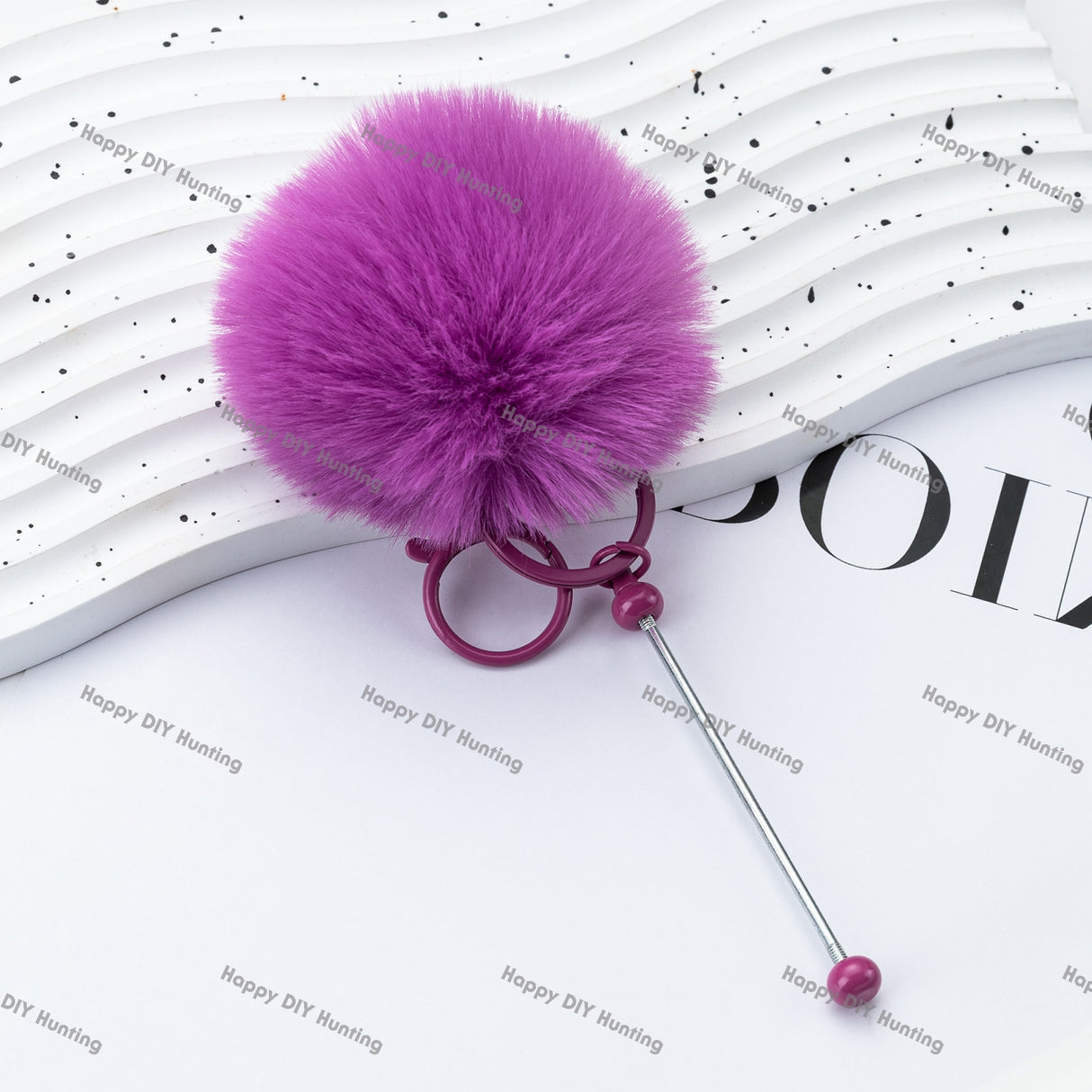 8CM Fluffy Pom Pom Balls with Metal Beadable Keychain with Bar and Lobster Clasp
