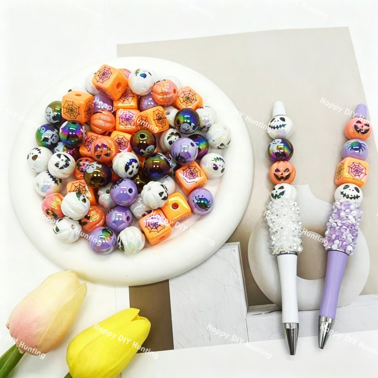 16mm Mixed Print Halloween Beads UV Plated Terror Halloween Acrylic Beads Beads