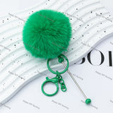 8CM Fluffy Pom Pom Balls with Metal Beadable Keychain with Bar and Lobster Clasp
