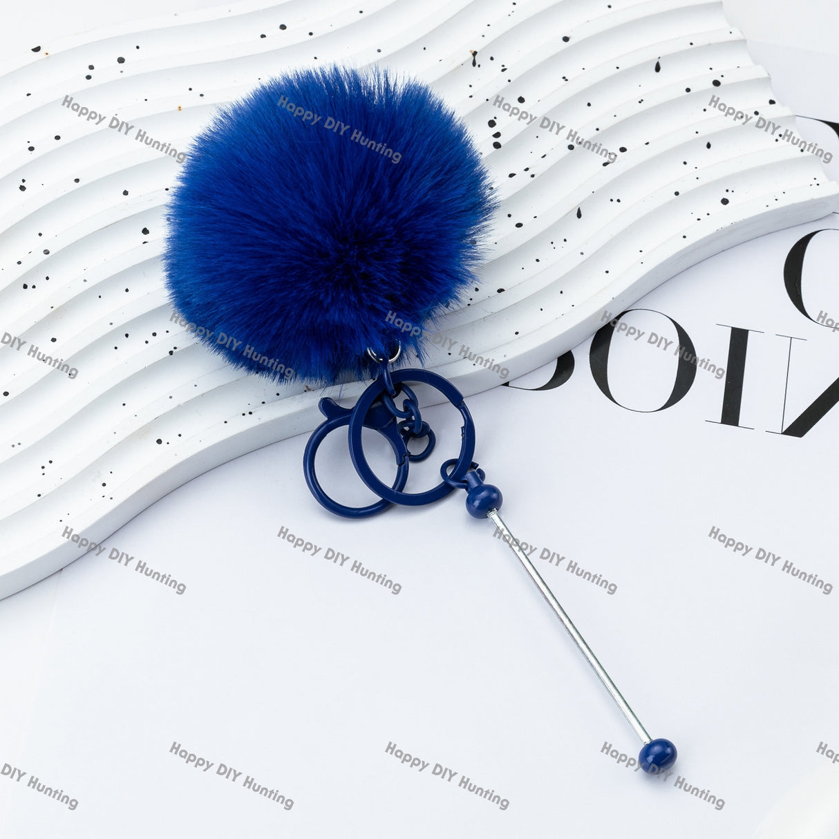 8CM Fluffy Pom Pom Balls with Metal Beadable Keychain with Bar and Lobster Clasp