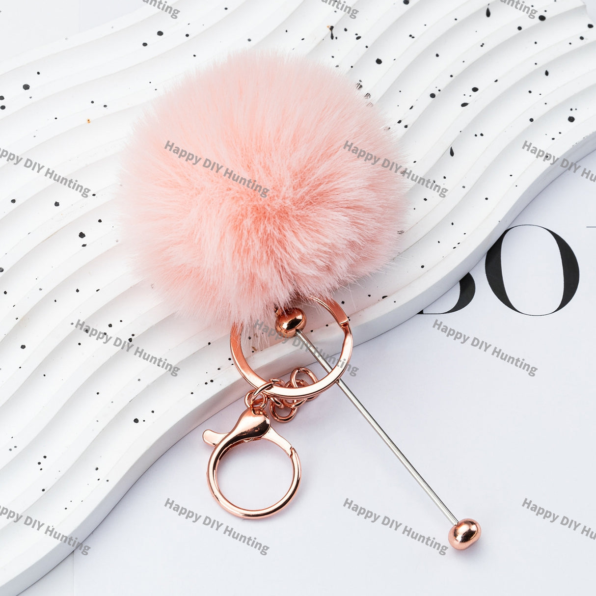 8CM Fluffy Pom Pom Balls with Metal Beadable Keychain with Bar and Lobster Clasp