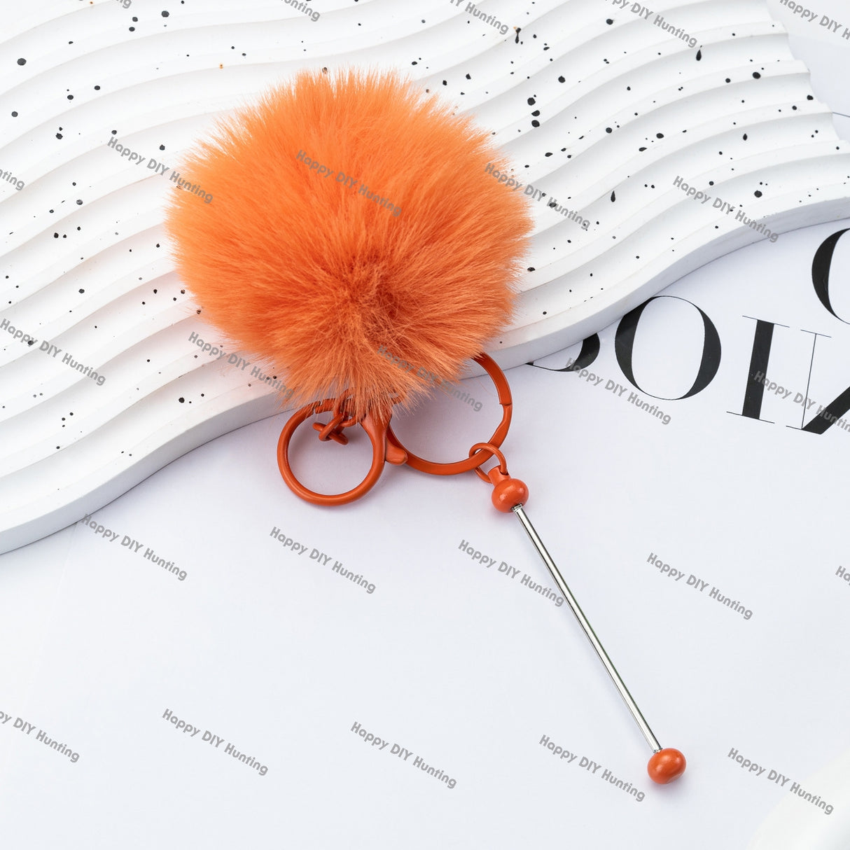 8CM Fluffy Pom Pom Balls with Metal Beadable Keychain with Bar and Lobster Clasp