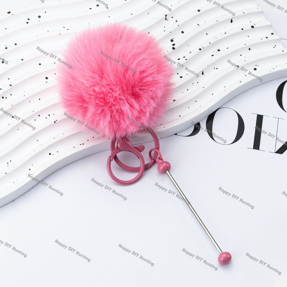 8CM Fluffy Pom Pom Balls with Metal Beadable Keychain with Bar and Lobster Clasp