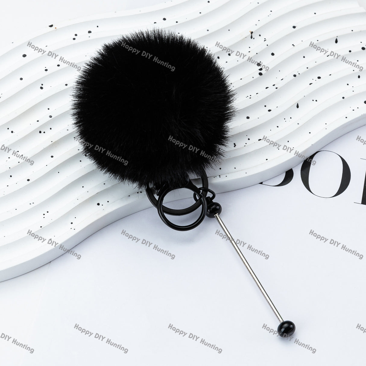 8CM Fluffy Pom Pom Balls with Metal Beadable Keychain with Bar and Lobster Clasp