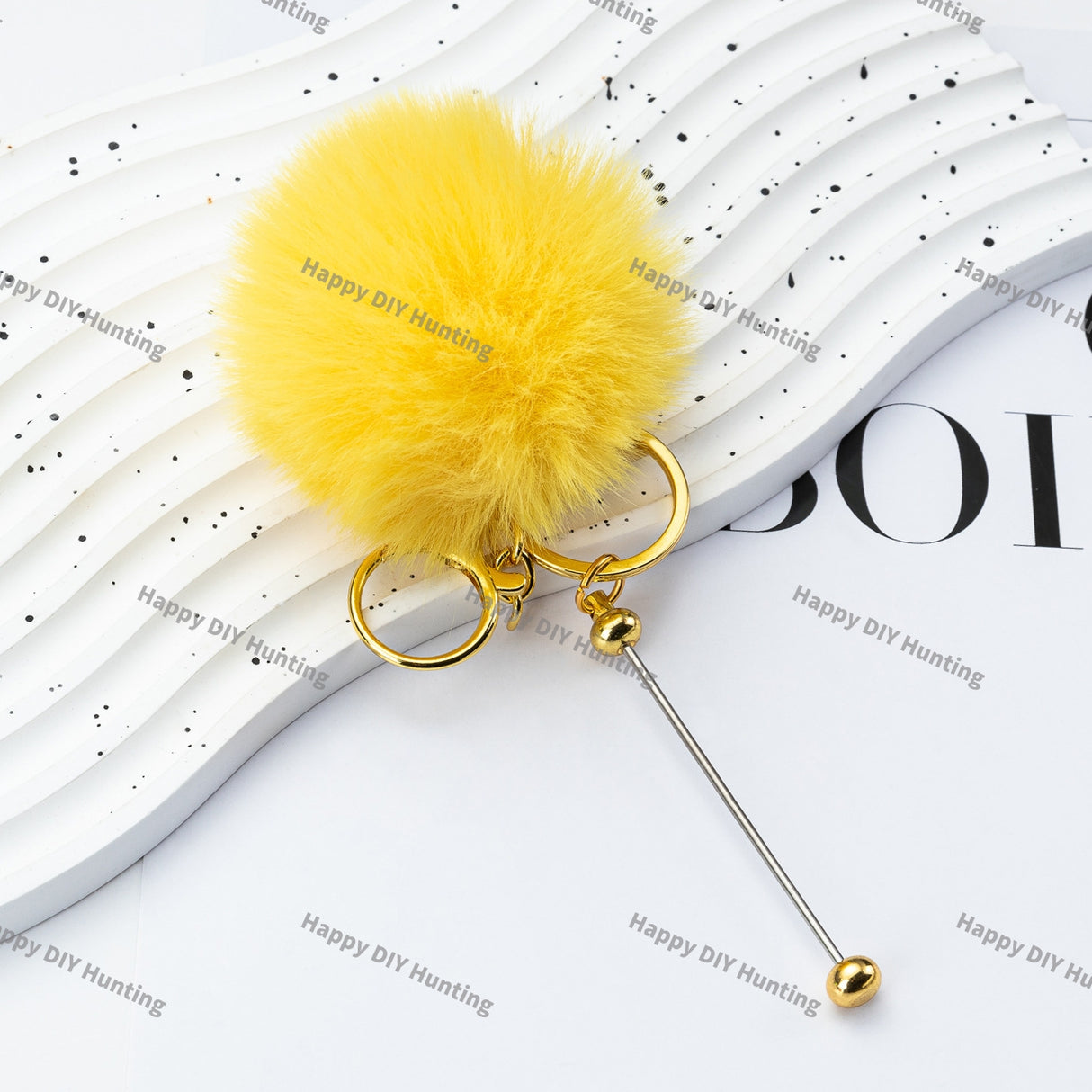 8CM Fluffy Pom Pom Balls with Metal Beadable Keychain with Bar and Lobster Clasp