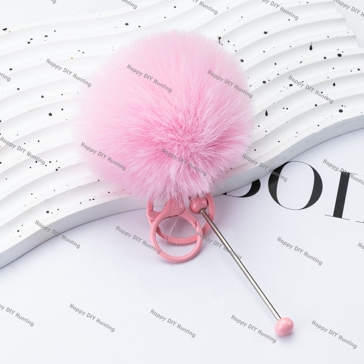 8CM Fluffy Pom Pom Balls with Metal Beadable Keychain with Bar and Lobster Clasp
