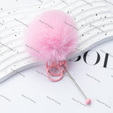 8CM Fluffy Pom Pom Balls with Metal Beadable Keychain with Bar and Lobster Clasp