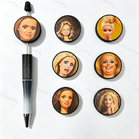 Round funny expression girl face printed silicone focal beads, large‑hole craft beads for beadable pen and keychain DIY supplies