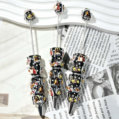 Sacred Heart of Jesus Religious Print Character Beadable Pens closeup of printed silicone bead and rhinestone details