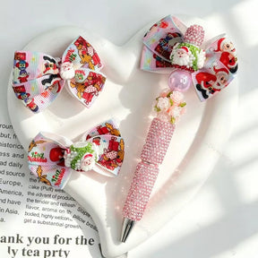 cute santa cartoon printed ribbon bow fancy beads for diy beadable pens craft supplies