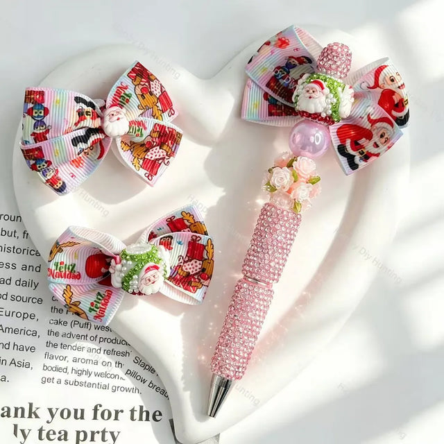 cute santa cartoon printed ribbon bow fancy beads for diy beadable pens craft supplies